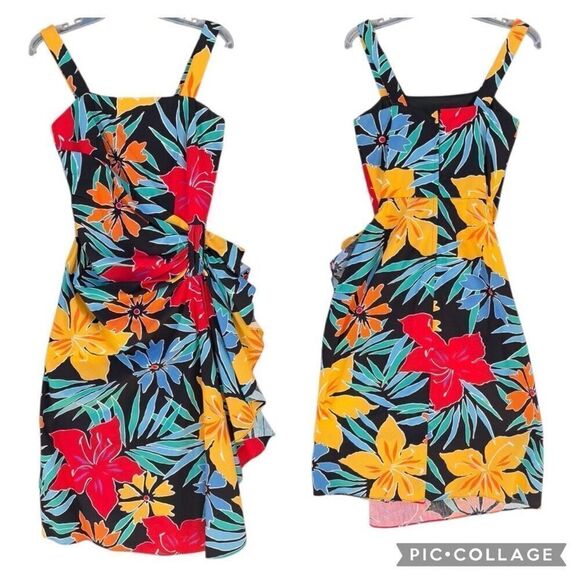 Vintage Tropical Flower Sheath Silhouette Smocked Dress Sz 6 Ruched Chunk Straps - Picture 1 of 9